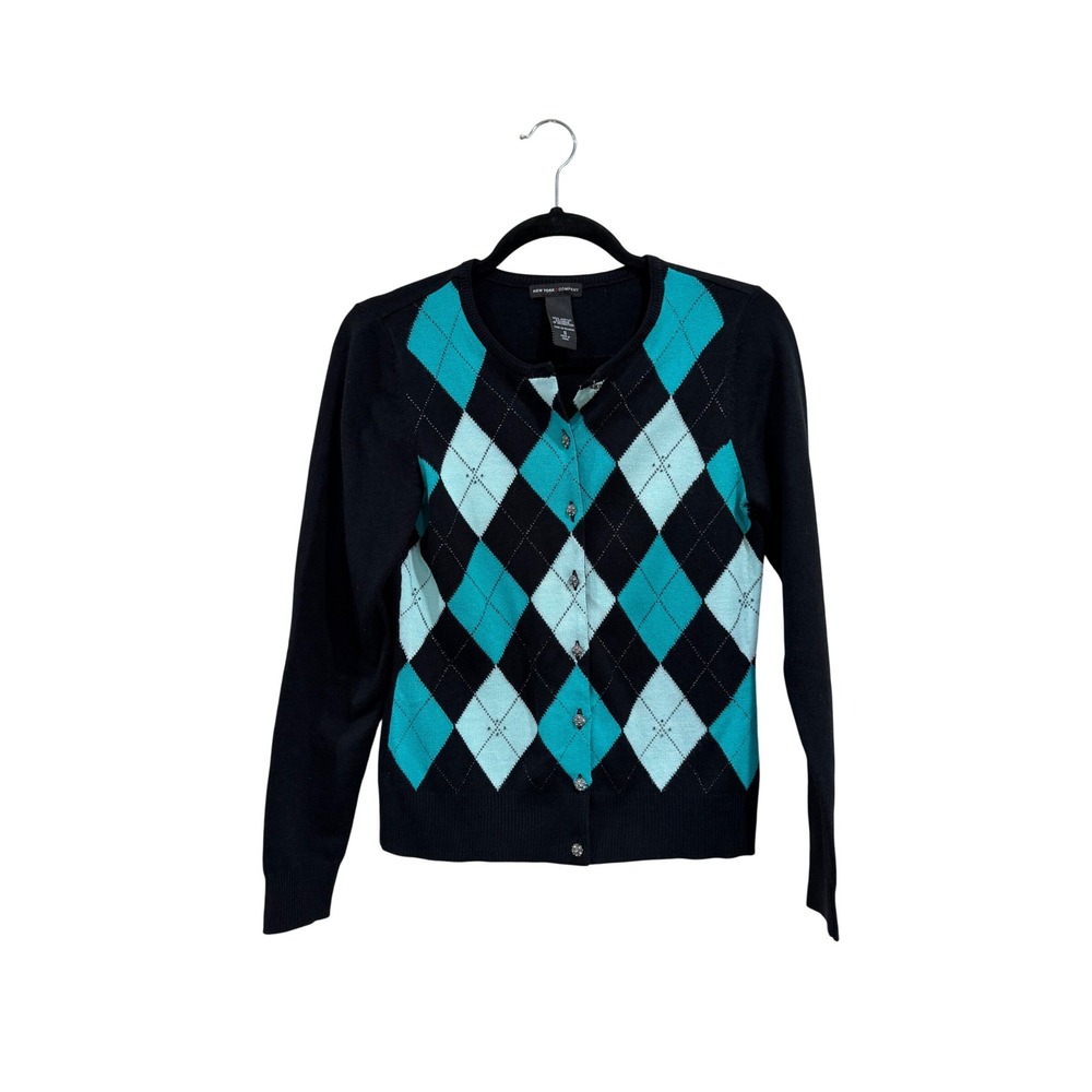 New York & Company Argyle Cardigan Sweater Black Teal Blue Y2K Preppy Small